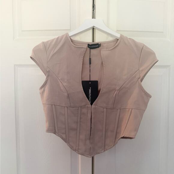 NWT PrettyLittleThing PLT Stone Wove Keyhole Cut Out Cap Sleeve Corset Top 6 - Picture 4 of 9